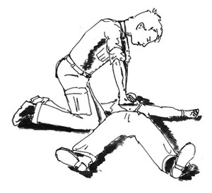 Person assisting another person with CPR.